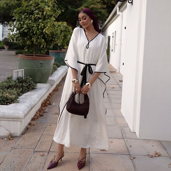 H&M TIE-BELT KAFTAN DRESS CREAM RAMADAN MODEST COLLECTION - Picture 6 of 7